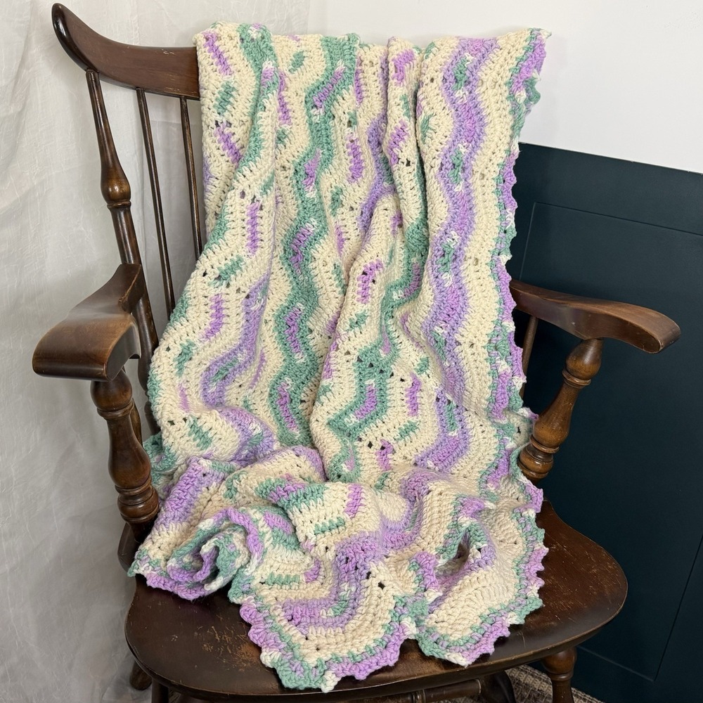 Vintage Handmade Crochet Afghan Throw Blanket Mint Green Lavender Ripple Stitch